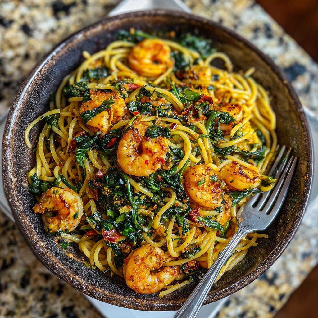 Lemon Spinach Spaghetti with Shrimp